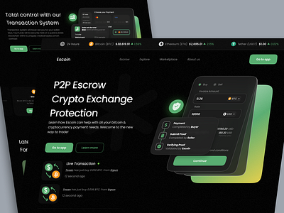 Escoin - P2P Escrow Crypto Exchange clean coin cryptocurrency cryto dark mode design escrow escrow service exchange landing page landingpage p2p protection trade ui ui design ui element web3 website