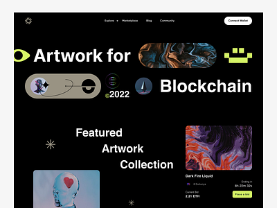 NFT Marketplace Website artwork blockchain clean crypto cryptocurrency dark mode design ethereum landing page marketplace minimal nft nft landing page nft marketplace nft web ui ui design web3 website whitespace