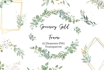 Watercolor Green Gold eucalyptus Geometric frame eucalyptus greenery bouquets greenery frames watercolor clipart