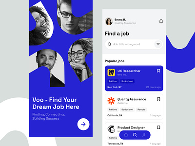 Voo - Job finder app app branding career clean employee find finder hire hiring job job find job platform job search listing logo minimal people vacancy visual identity work
