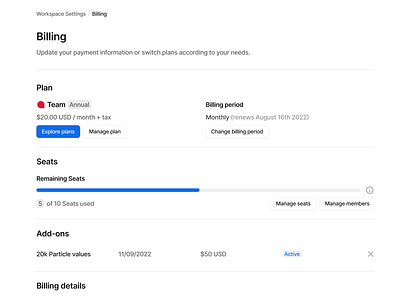 Attio - Workspace Settings / Billing app attio billing crm design payment plan pricing settings ui ux