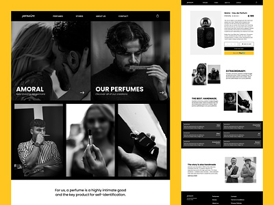 E-commerce Store Website Design black branding business dark design ecom flat images minimal people perfume shopify shopping store typography ui ux vector white yellow