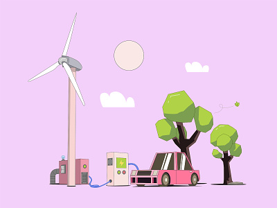 Eco green energy / Illustration ature car car charger design ecology electric car hand drawn hybrid illustration illustrator technology trees ui vector windmill