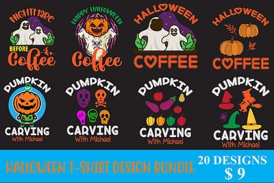 Halloween T-Shirt Design Bundle autumn shirt cute ghost design floral ghost shirt halloween dinosaur family shirts halloween party shirt happy halloween illustration logo trick or treat shirt