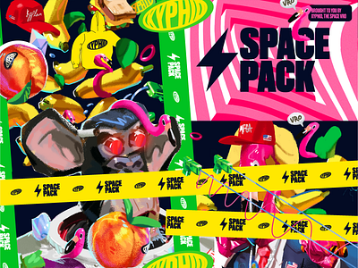 Space pack poster #1 bananas dark design flamingo green hat illustration monkey peach pink poster space strips typography xyphid
