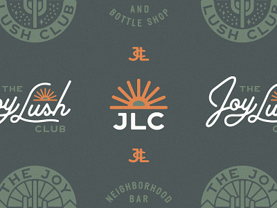 The Joy Lush Club arizona bar beer bottle shop branding branding identity club jlc logo logo design monogram neighborhood bar script sun sun rays watering hole wine