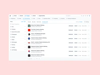 Conversations overview apollo call recordings calls conversation dashboard filter filter by filter ui filtering filters hubspot list outreach recordings salesforce sort by sorting table table list zoominfo