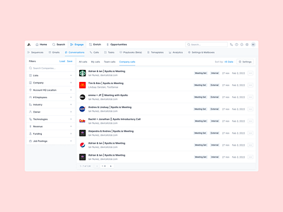 Conversations overview apollo call recordings calls conversation dashboard filter filter by filter ui filtering filters hubspot list outreach recordings salesforce sort by sorting table table list zoominfo