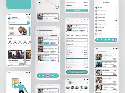 Barbershop booking Mobile App UI Design. app concept app design application appointment baber shop barber booking hair salon haircut mobile app mobile ui neubrutalism salon