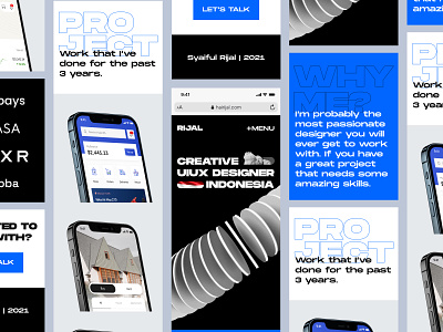 Responsive Mobile - Personal Website Portfolio 🔵⚫️ black blue bold bold typography brutal brutalism dark mode landing mobile page portfolio portofolio simple ui web design