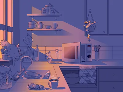Lo-fi Kitchen cat gradient illustration kitchen lo fi microwave vector