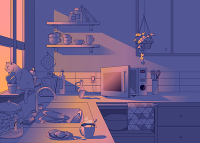 Lo-fi Kitchen cat gradient illustration kitchen lo fi microwave vector