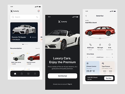 Luxury - Cars Mobile Apps animation branding car car shop cars cars app dark mode dark theme design e-commerce mobile mobile app mobile apps product ui uidesign uiux ux