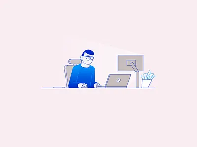 Working. Desktop. character computer desk desktop illustration laptop monitor motion graphics mouse sitting style frame vector working