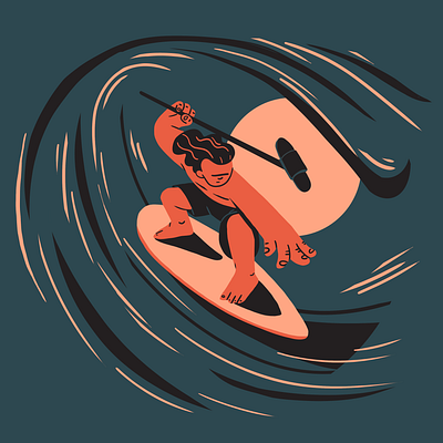 Surfing with a sound pole. barrel character illustration ocean sunset surf surfing vector wave