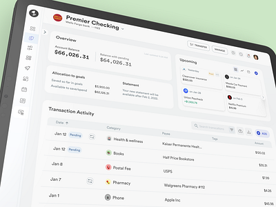 Bank account transaction activity with future bills app bank banking best bills budget dashboard design dollar finance finance app mint money product table transaction ui user interface ux website