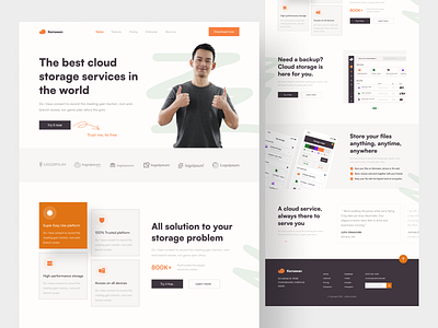Kemawan - Cloud storage landing page cloud cloud storage dashboard database download folder footer header hero landing page management manager mobile app storage testimoni testimonial ui design upload web design website