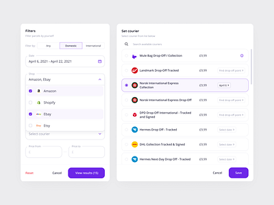 Mule – Filters & courier selection app button cards clean components dashboard design ecommerce ecommerce app ecommerce business ecommerce design ecommerce shop filters form input minimal modal popup saas ui