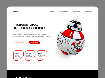 🛰️AI Robotics landing page 3d 3d illustration artificial intelligence bb8 bot button clean copywriting landing page minimal render robot robotics space star wars starwars typeface typography ukraine ux writing