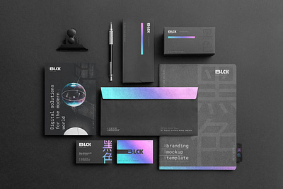 (FREE) Black HOLO Branding Mockups black brand brand identity branding card document free freebie identity letterhead logo logo identity mockup poster presentation print psd stationery template visual identity