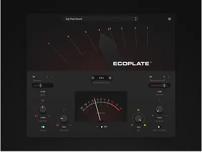 Ecoplate — VST, AXX, AU plugin interface design app application audio dark design echo gui interface knob minimal modern plugin reverb slider software sound ui user interface vst vu meter