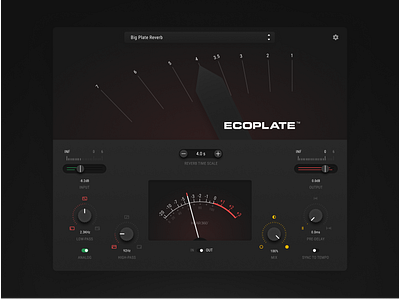 Ecoplate — VST, AXX, AU plugin interface design app application audio dark design echo gui interface knob minimal modern plugin reverb slider software sound ui user interface vst vu meter