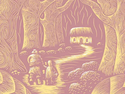To Grandmother’s House We Go cottage editorial fairy tale forest french grandma grandmother illustration linocut path red riding hood trees woodcut woods