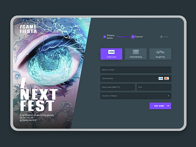 Credit Card Checkout - Game Fiesta | Daily UI 02 animate blue branding card checkout clean credit card dailyui debit card event futuristic game gaming google pay online banking payment purple ui uiux water