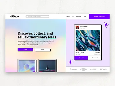 NFT Marketplace - Landing Page Hero adobe xd bitcoin design elementor ethereum figma illustration marketplace minimal modern nft trend uiux website