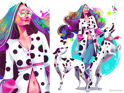 Hues of Black and White! character design dalmatian dog freelance illustrator girl illustration illustrator pet procreate samji illustrator