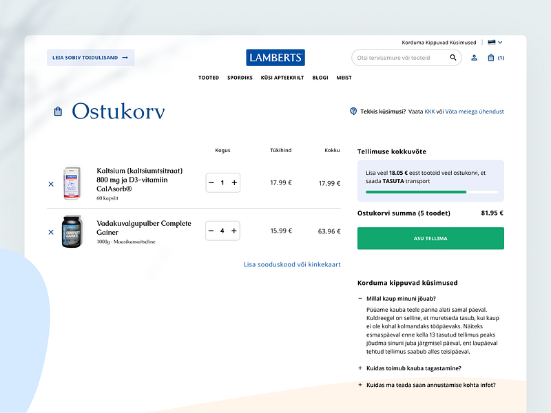 Lamberts Eesti / Cart buy cart ecommerce green heathy landing mobile nutrition order responsice shop ui ux vitamins web webdesign