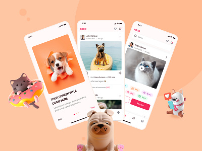 Pet Social Media App 3d app design ill illustration pet ui