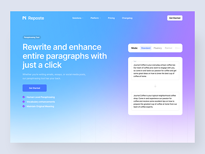 Reposte - Features agency brand branding clean color design gradient home identity interactive landing page logo minimal mobile ui ux video web design website