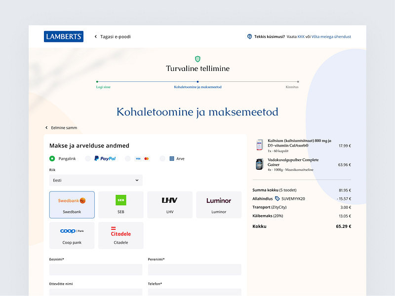 Lamberts Eesti / Checkout cart checkout delivery flow healthy nutrition order overview pay payment responsive vitamins web webshop website