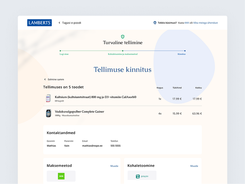 Lamberts Eesti / Order Confirmation cart confirmation ecommerce flow healthy minimal order overview shopping total vitamins webdesign webshop website