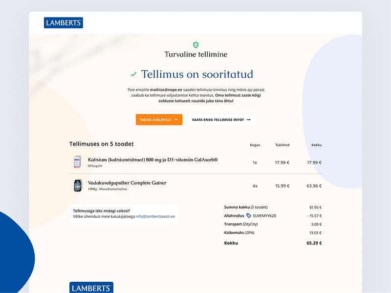 Lamberts Eesti / Order cartshopping confirmation ecommerce flow healthy minimal order overview total vitamins webdesign webshop website