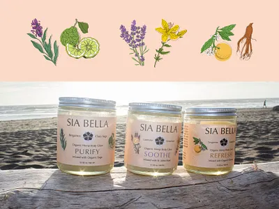 Sia Bella Salt Scrubs brandidentity branding custom illustration design graphic design hand made illustration illustrator label design logo package design packing skincare