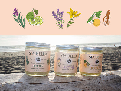 Sia Bella Salt Scrubs brandidentity branding custom illustration design graphic design hand made illustration illustrator label design logo package design packing skincare