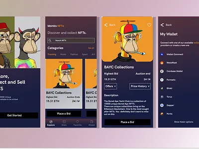 NFT MarketPlace App arts bayc branding crypto currency design illustration logo marketplace mobile app money nft product design ui ux vector