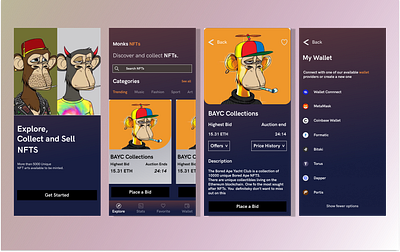 NFT MarketPlace App arts bayc branding crypto currency design illustration logo marketplace mobile app money nft product design ui ux vector