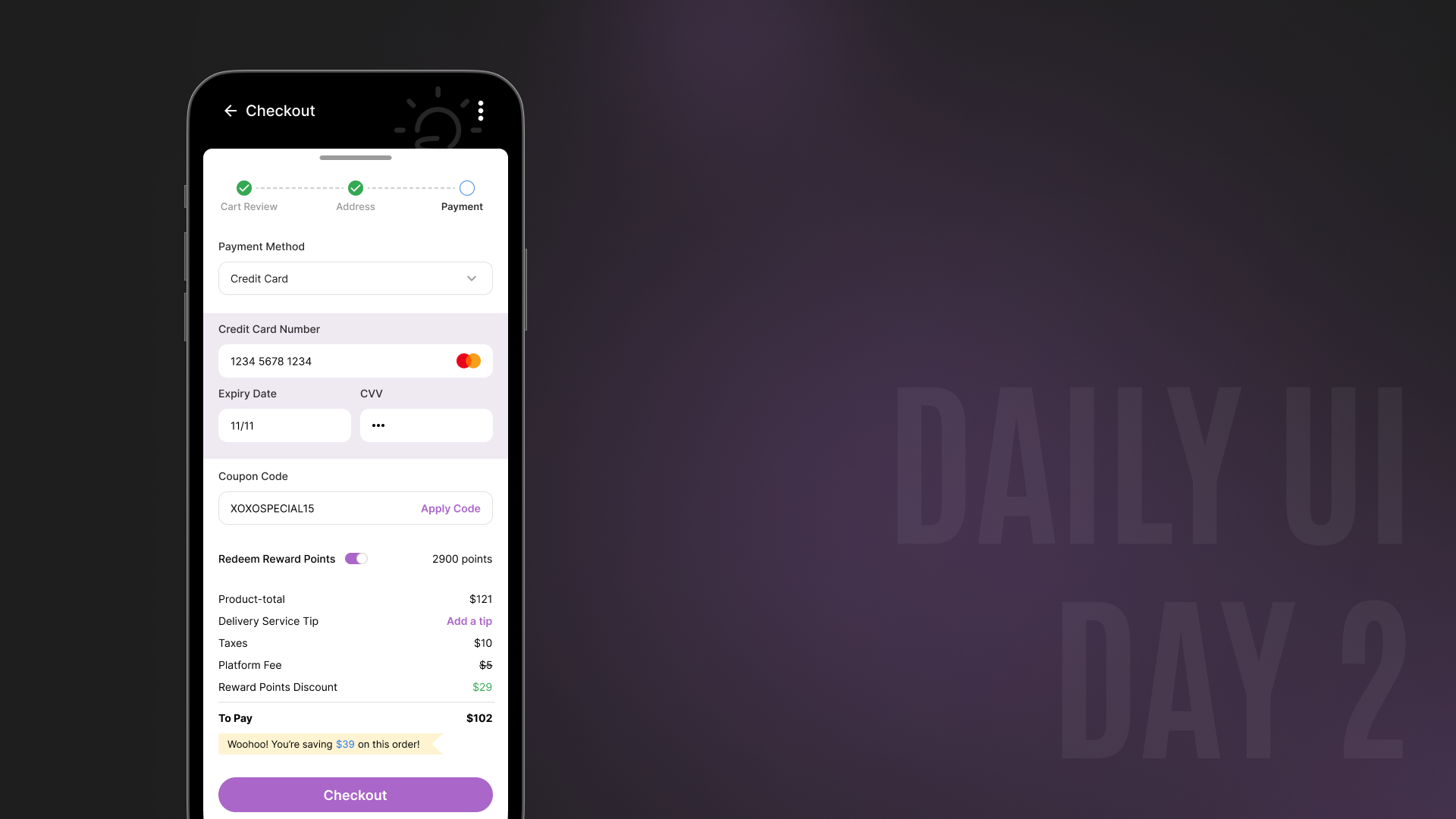 CC Payment Checkout 002 app cc checkout credit card dailyui journey payment method ui ux