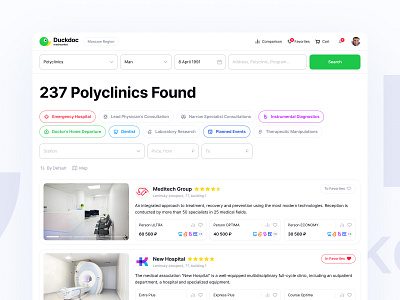 Duckdoc Medmarket — Made by Desire Studio dentist design diagnostics doctor figma filters health hospital insurance laboratory light marketplace med medicine minimal program search service ui ux