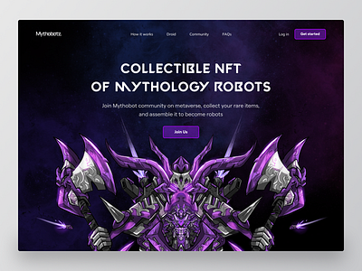 Mythobotz - NFT Landing Page Website character collectible foundation hades header hero image illustration landing page mecha metaverse mythology nft opensea page procreate rarible robot toy ui website