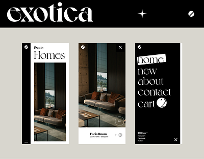 Exotic home mobile app UI UX architecture beautidul branding dark design exotic hamburger menu home illustration interior landing logo minimal product page royal saturn ui ux vector