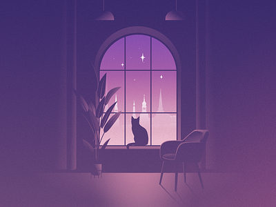 Night in Old Riga cat city illustration mood vector illustration view window