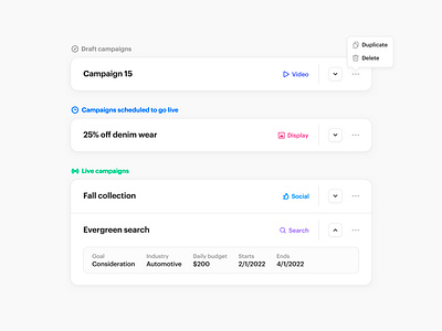 Humming – Campaign Card UI Components action menu adtech campaign campaigns card cards component components design list menu product react ui ux web app