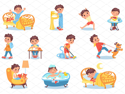 Cartoon boy character daily routine by Nadezhda on Dribbble