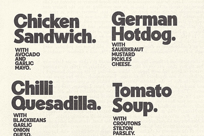 Kilimanjaro Sans 70s 80s 90s bold diner eighties food german kitchen menu old paper recipe retro sans texture type typography vintage worn