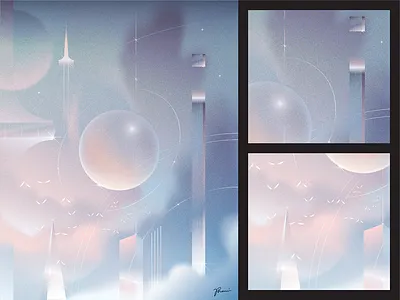Dreamer blue city clouds colors design dreamer dreamy floating future globe gradient graphic design illustration illustrator orb peach purple sci fi stars universe