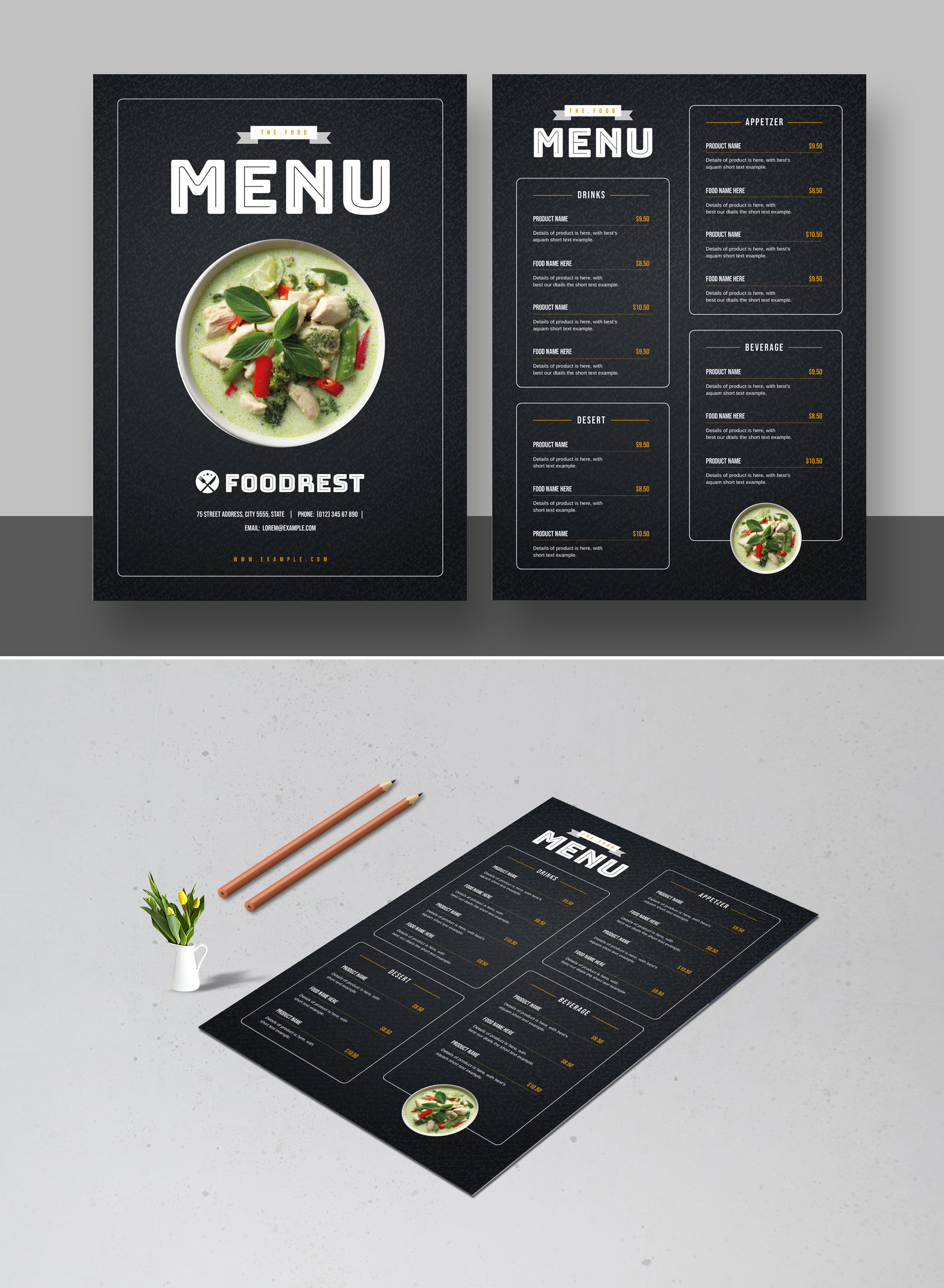 Black Food Menu Design Template a4 beverage brand branding color desert design drink fastfood food guide book layout menu pizza restaurent template